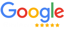A google review logo with five stars on it.