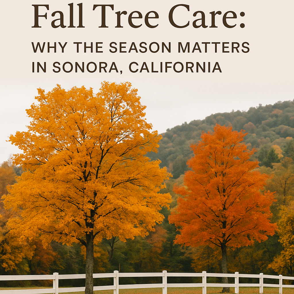 Two trees with orange and yellow leaves in Sonora, California, with a white fence and fall foliage in the background.