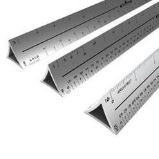 three silver drafting scales with white background