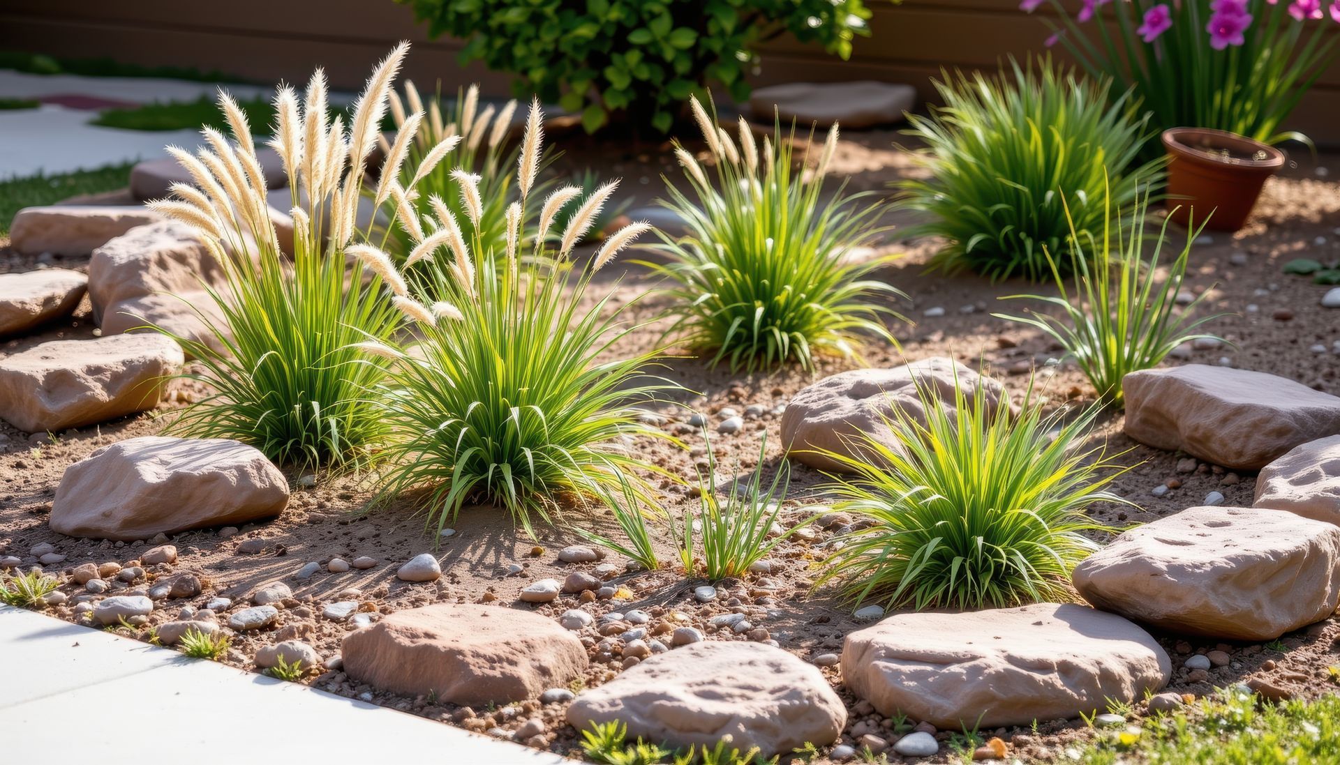 Dry rock garden with ornamental grasses and natural stone landscaping for a water-wise yard in Ashland, Oregon