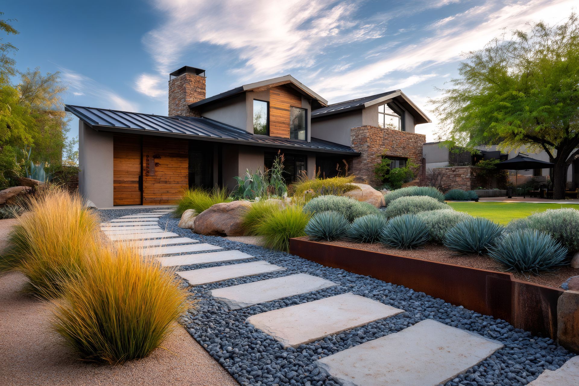 Modern home with drought-tolerant xeriscape landscaping featuring ornamental grasses & stone pathway