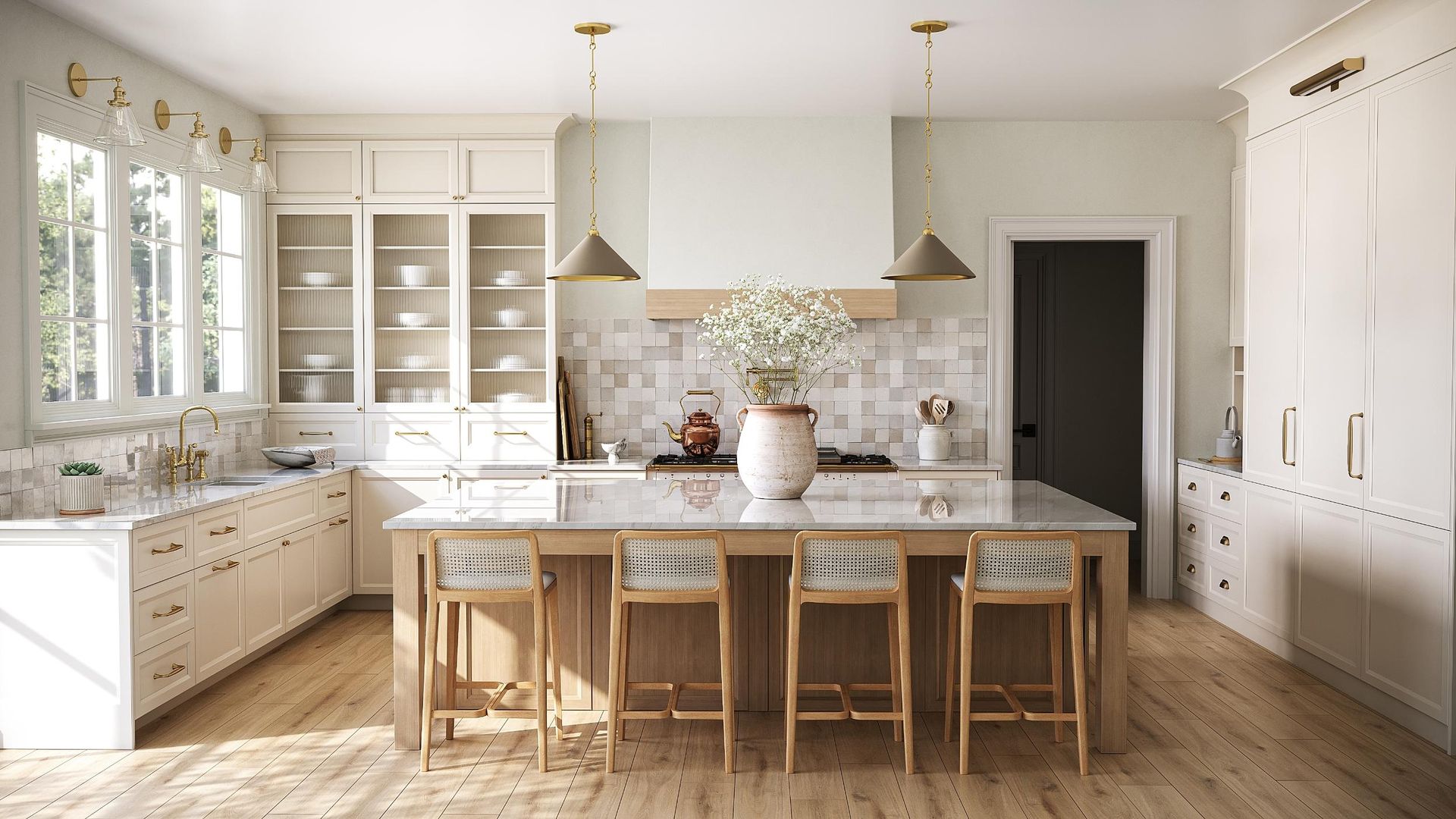 A kitchen with white cabinets, wooden floors, and a large island.