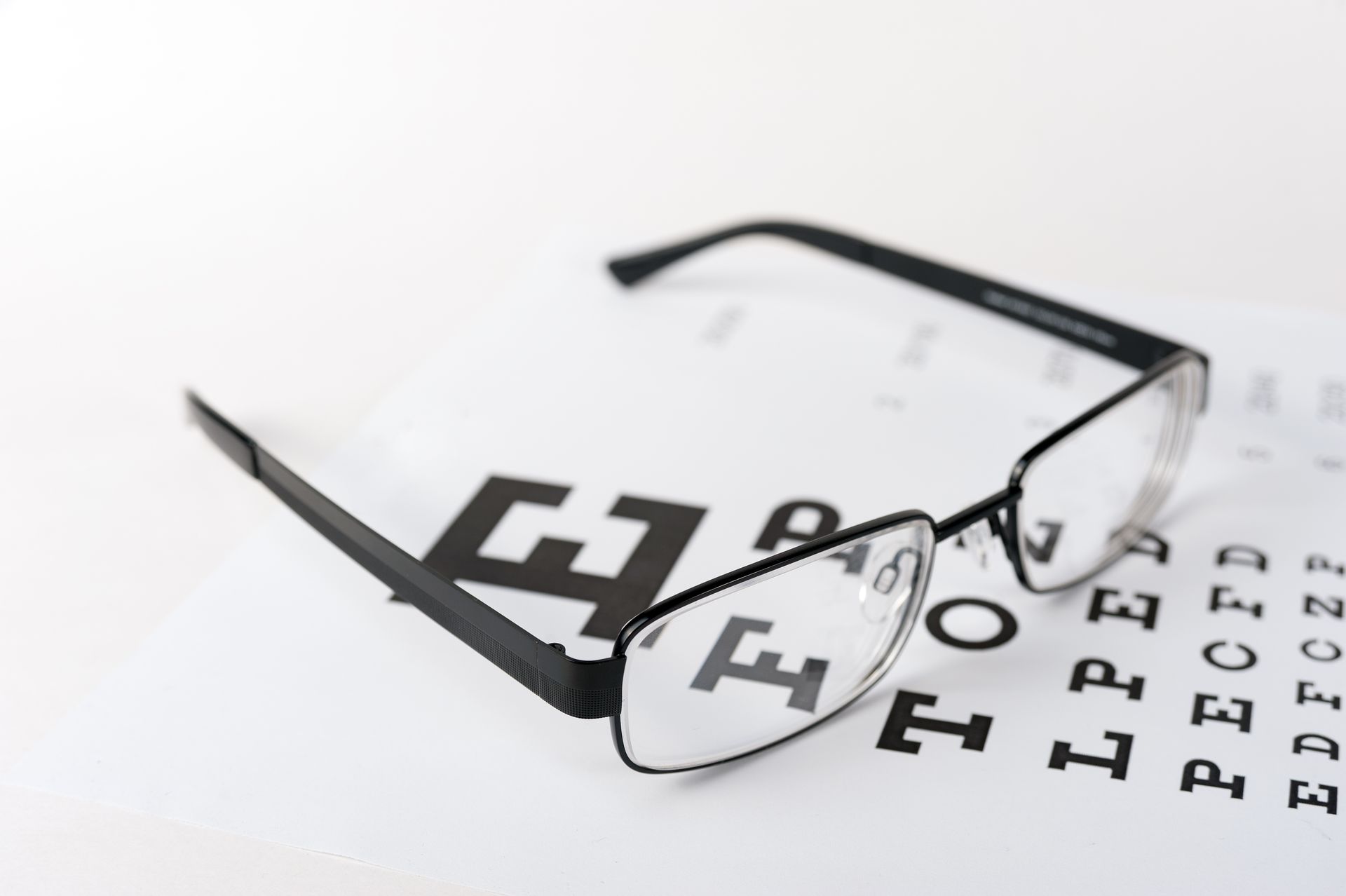Eyeglasses resting on an eye chart with large letters.