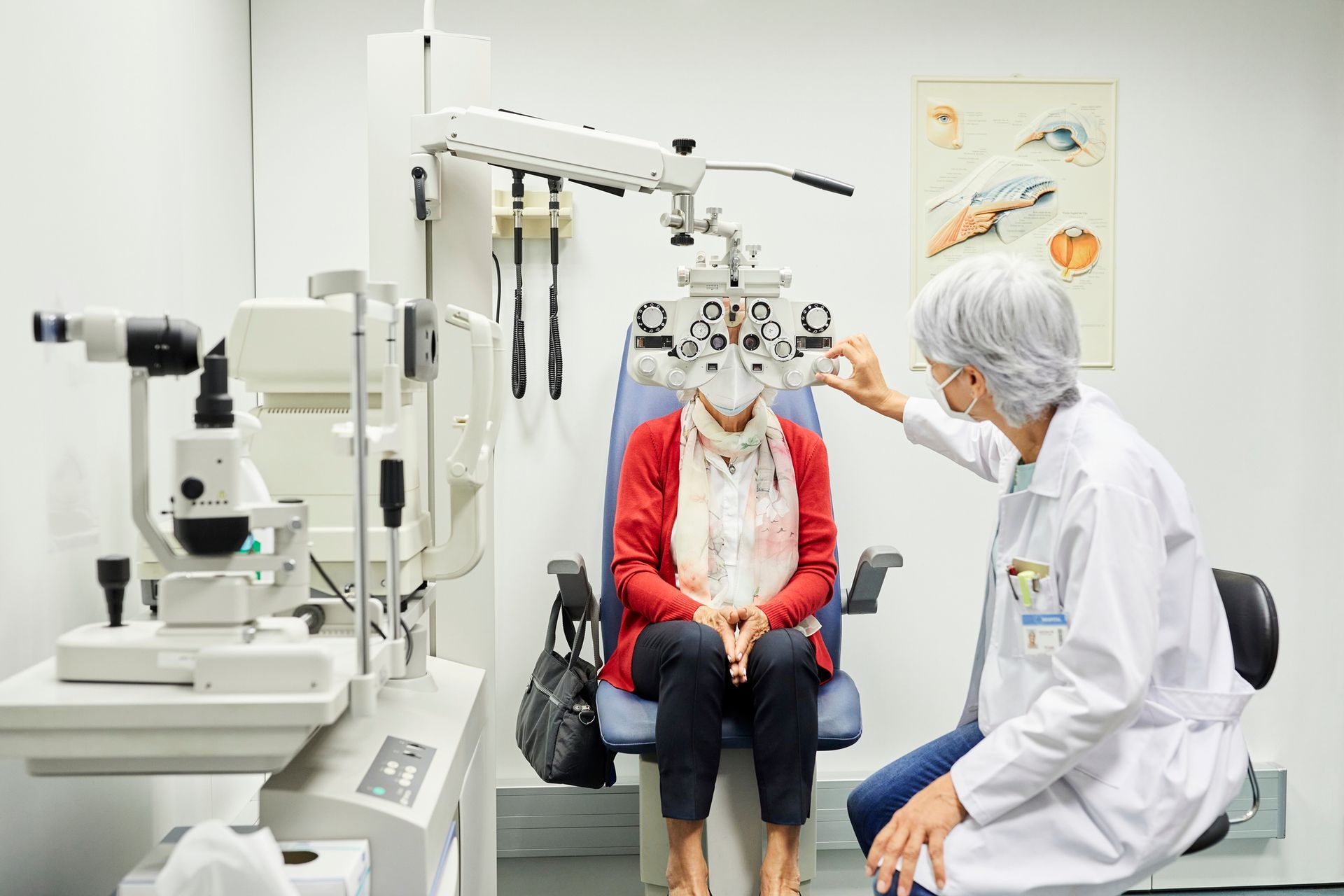 An ophthalmologist examining a senior female while wearing a protective face mask.