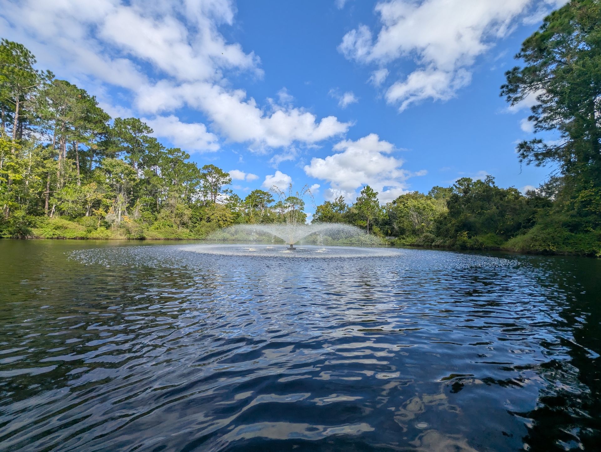 Lake with fountain, surrounded by trees under a blue sky with clouds.