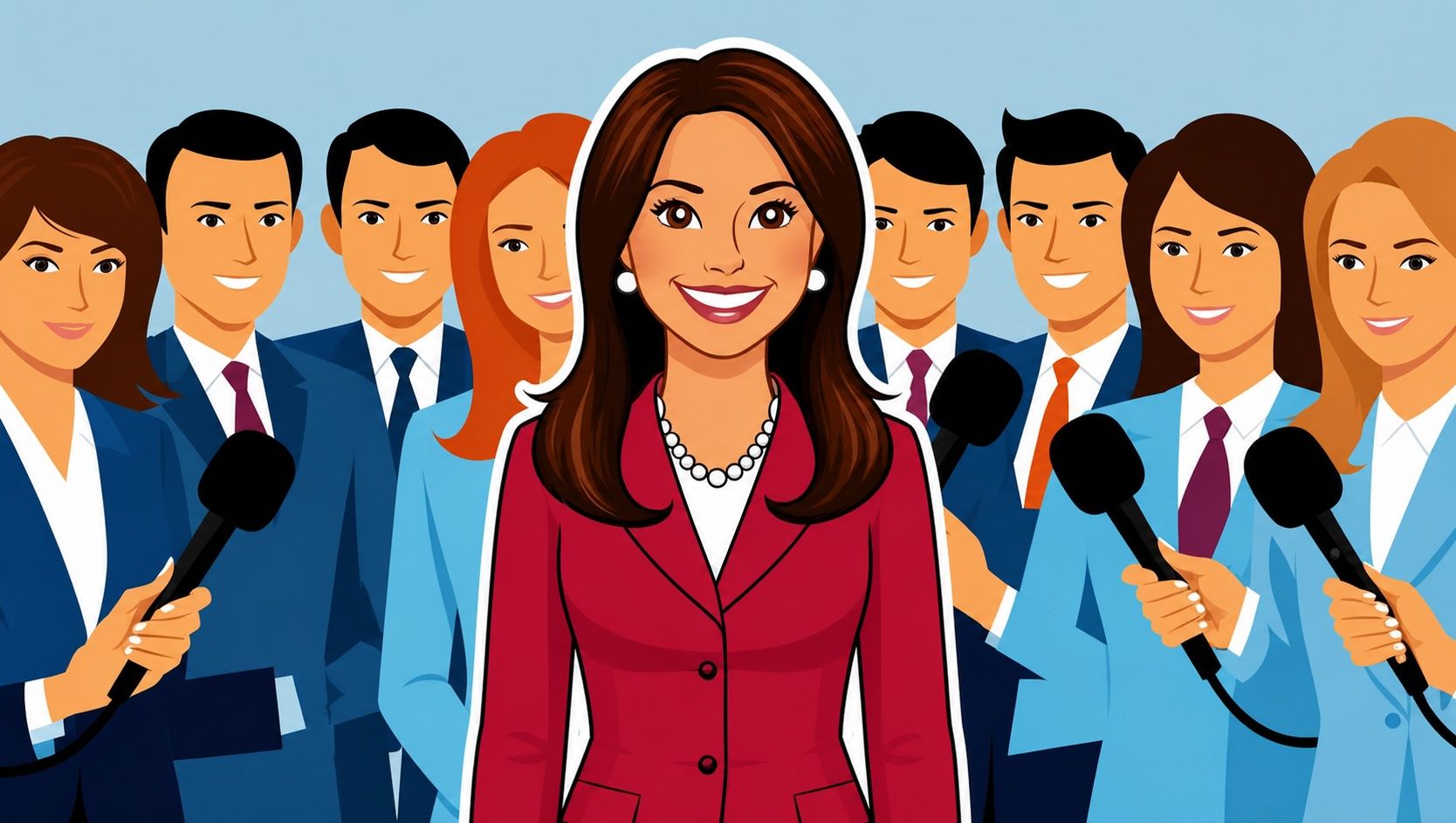 Smiling reporter in red blazer speaking into microphones with a crowd of reporters behind her