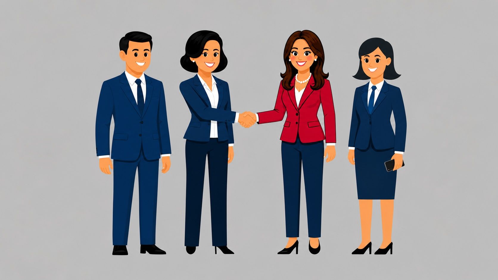 Four business professionals shaking hands in an office setting, with two colleagues standing nearby.