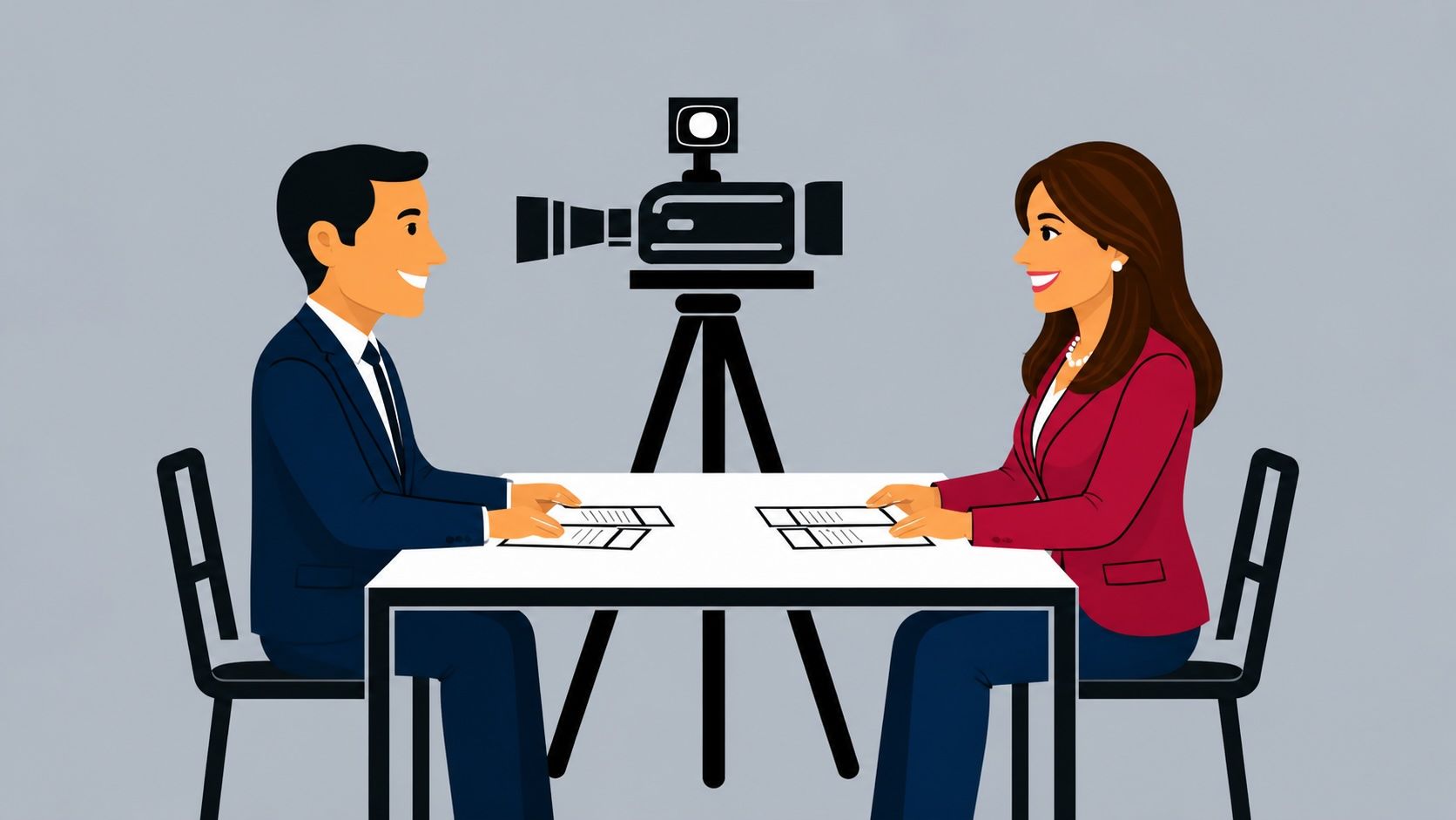 Two people seated at a table during a video interview, with a camera on a tripod between them.