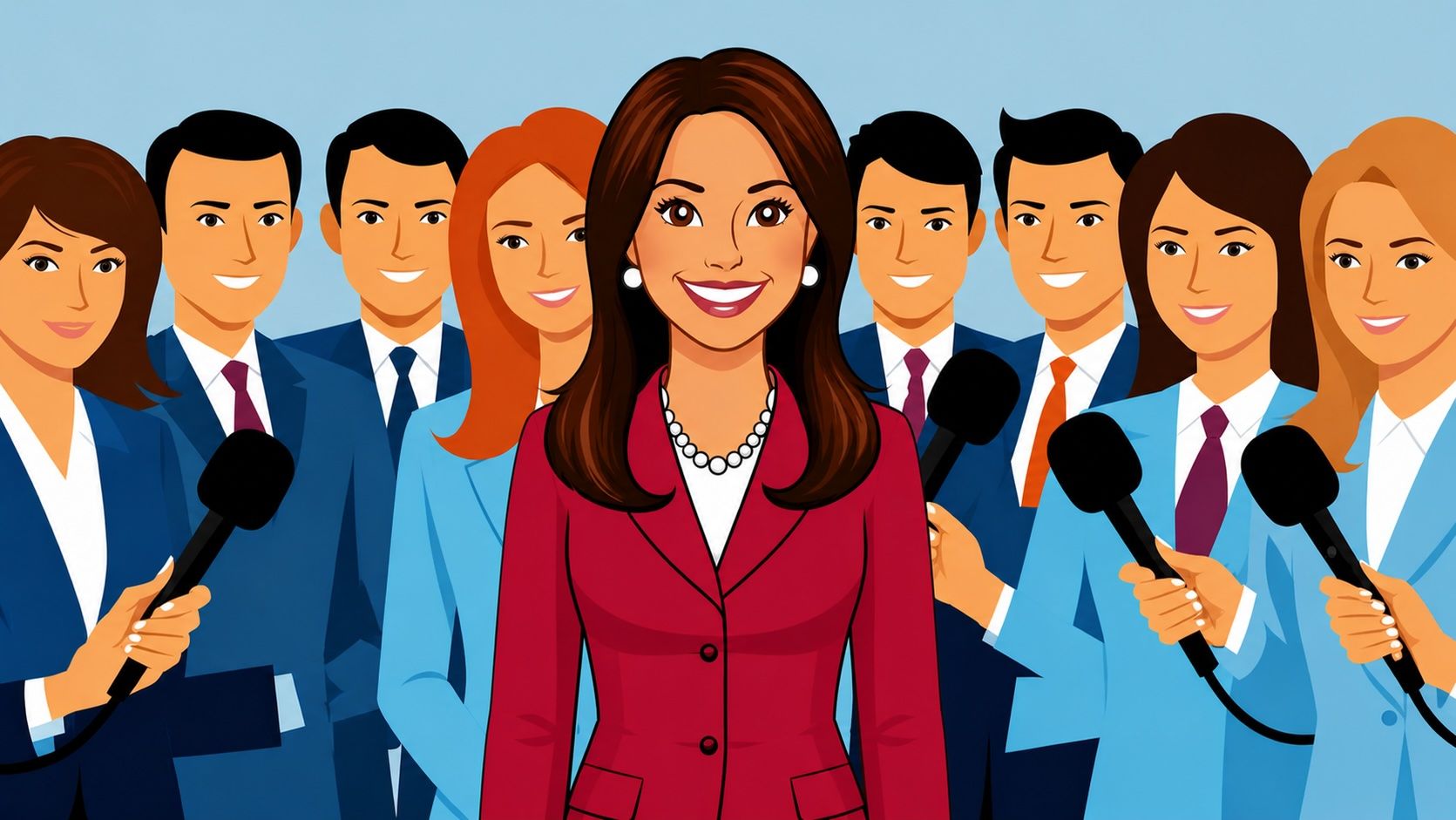 Smiling reporter in red blazer speaking into microphones with a crowd of reporters behind her