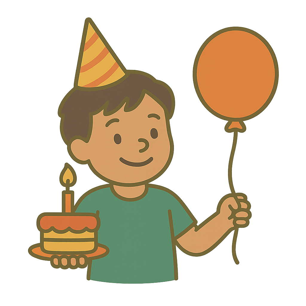 Girl in party hat kneels to light birthday candles on a cake.