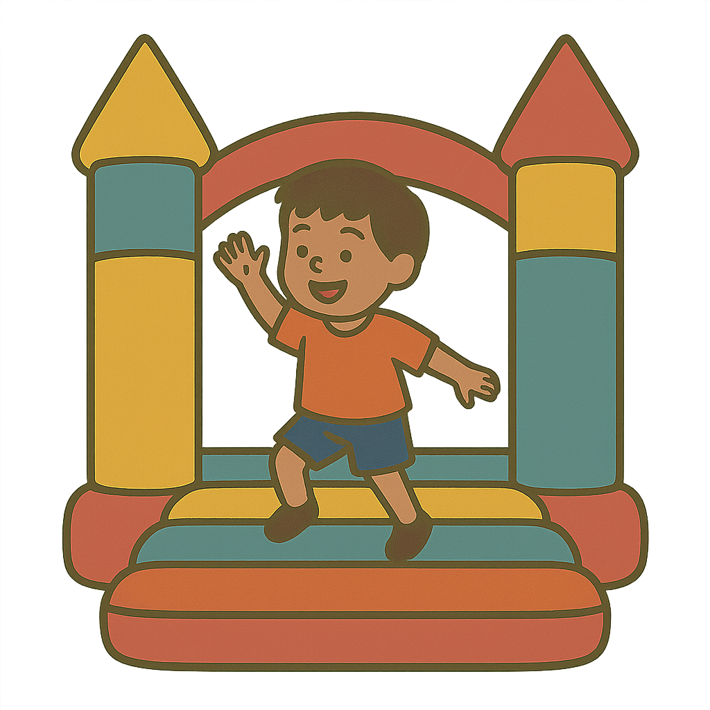 Child in orange shirt and blue shorts jumping in a colorful bounce house.