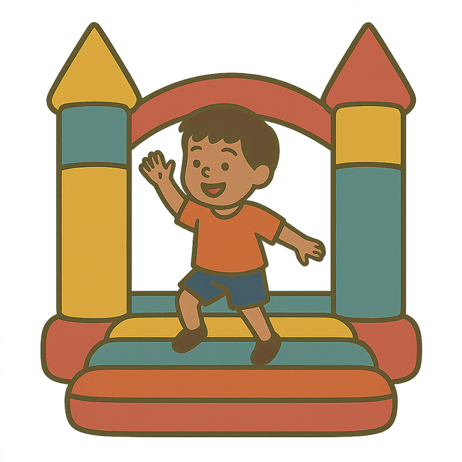 Events Child in orange shirt and blue shorts jumping in a colorful bounce house.