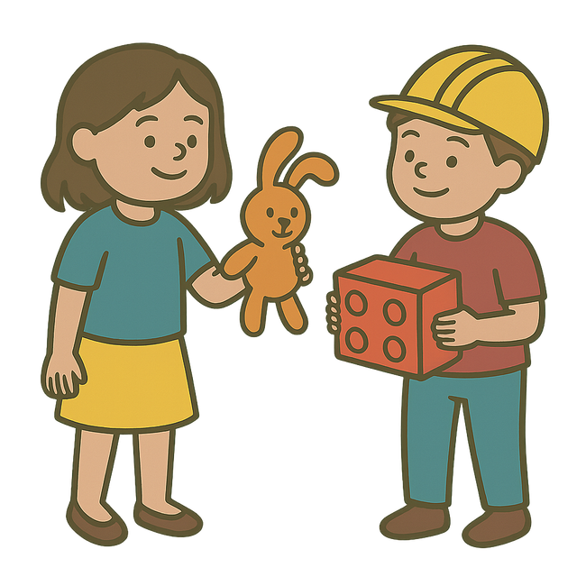 Field Trips Girl holding a stuffed rabbit, boy holding a red block. Both are smiling.