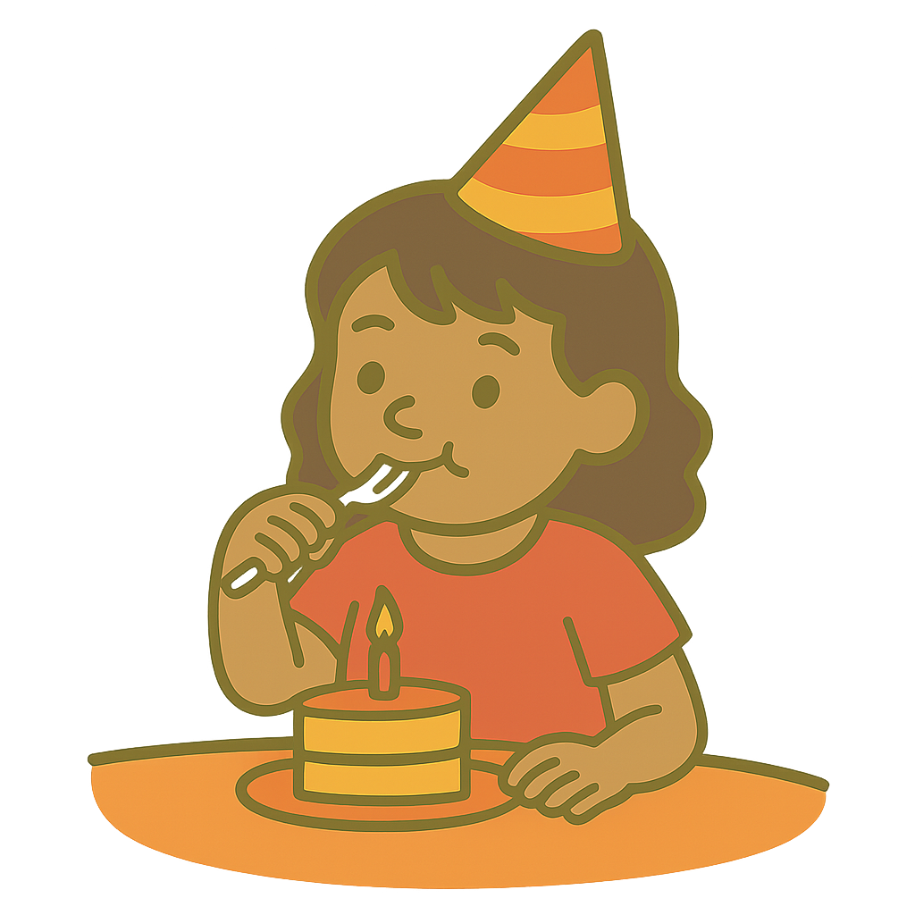 Child eating cake at a birthday celebration, wearing a party hat.