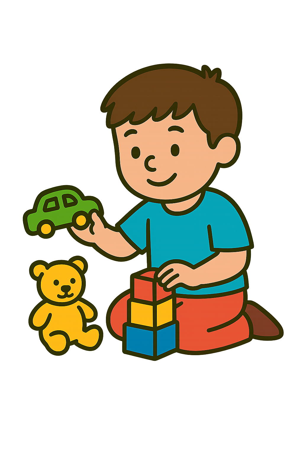 Boy playing with toy car, blocks, and teddy bear.