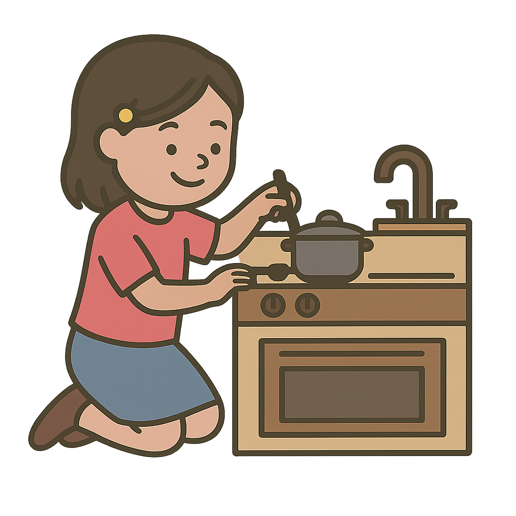 A child with brown hair wears a red shirt and blue skirt, kneeling and stirring a pot on a toy stove.