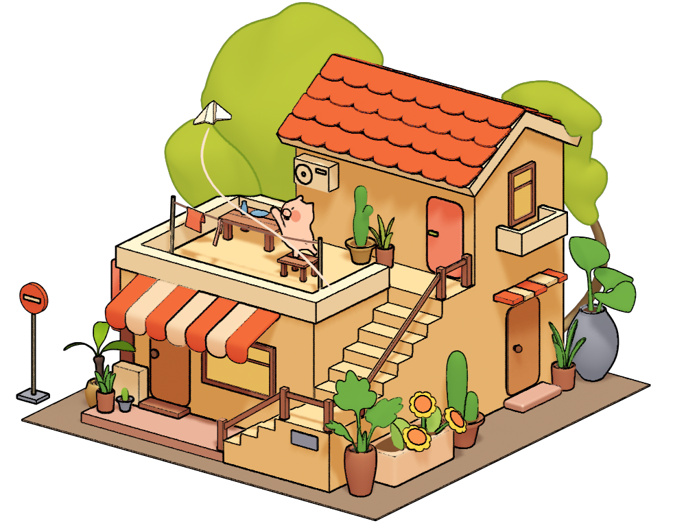 Two-story beige house with red roof. Pig sits at a table on the roof. Cactus and sunflowers on the ground.