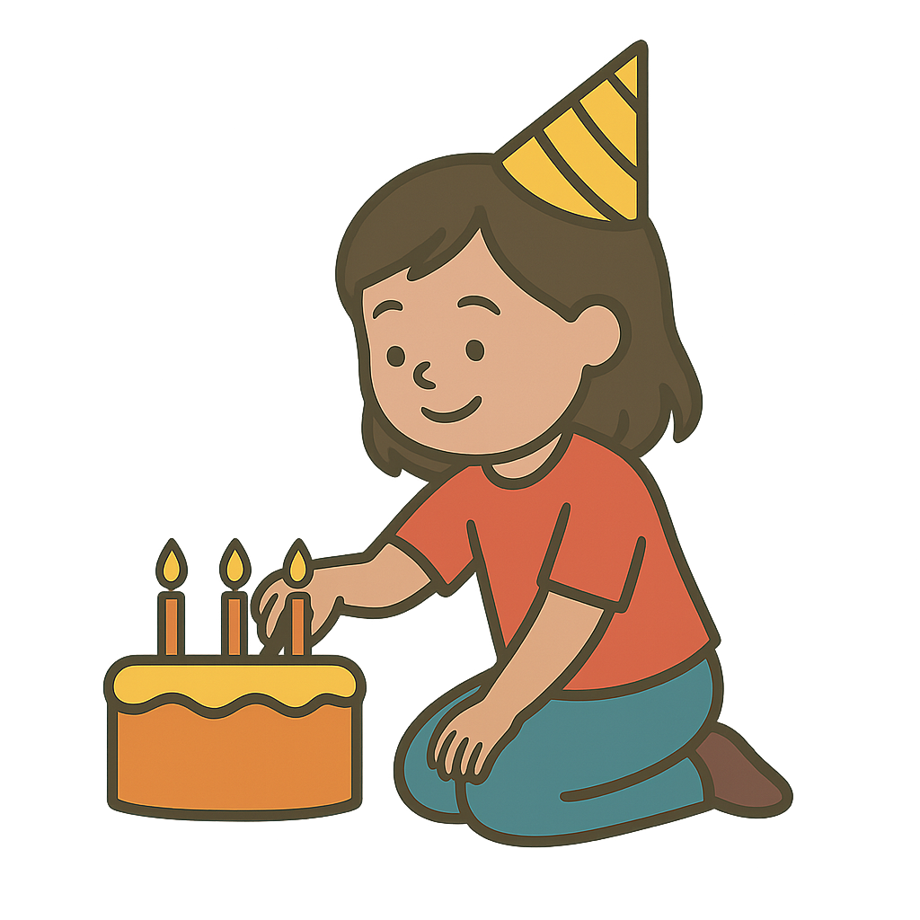 Child in a party hat lighting candles on a birthday cake.