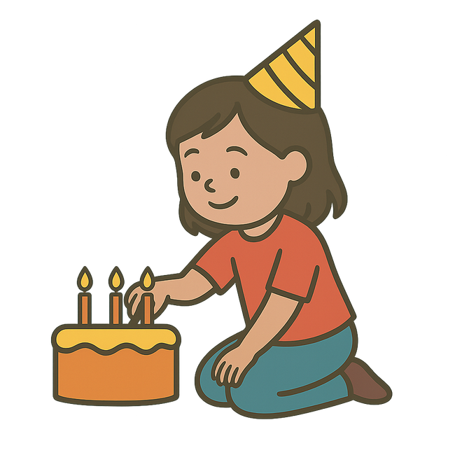 Parties Child in a party hat lighting candles on a birthday cake.