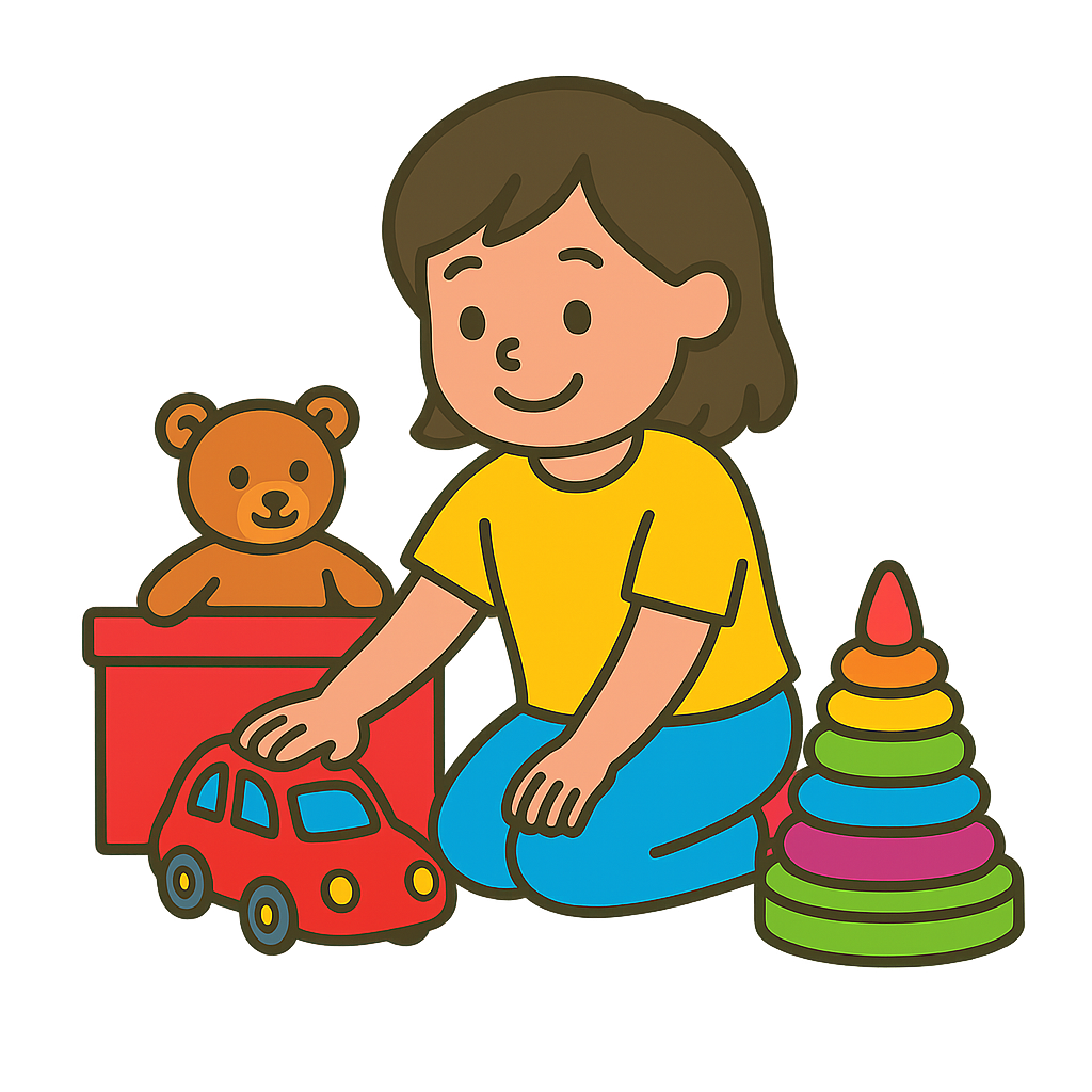 A child playing with toys: car, teddy bear, stacking rings.
