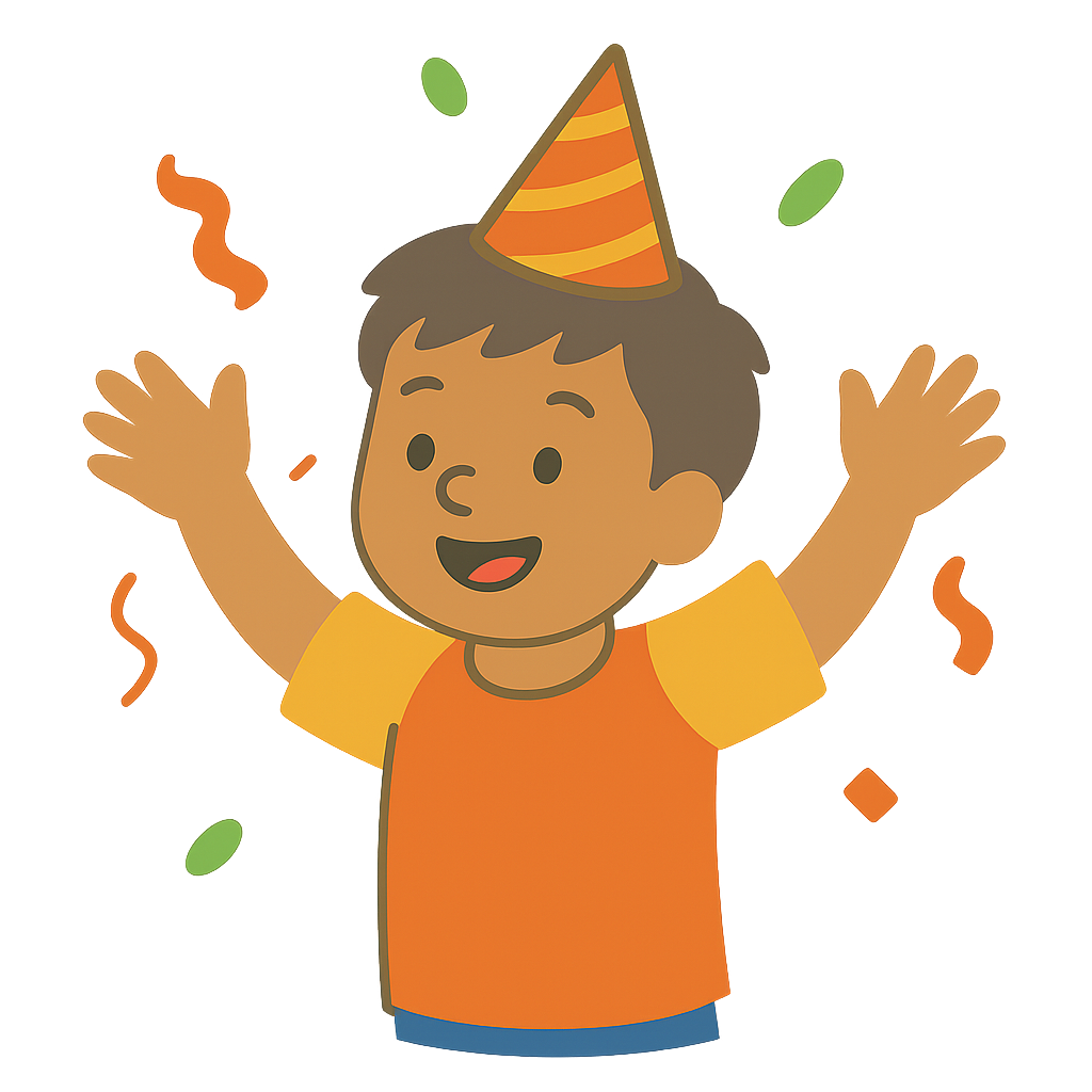 Girl in party hat kneels to light birthday candles on a cake.