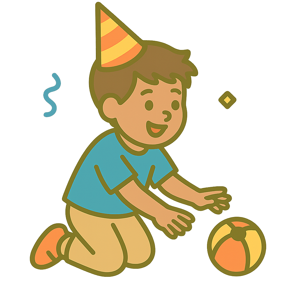 Boy kneeling, wearing party hat, reaching for ball.