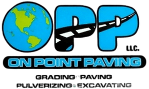Logo for On Point Paving: globe, road through 