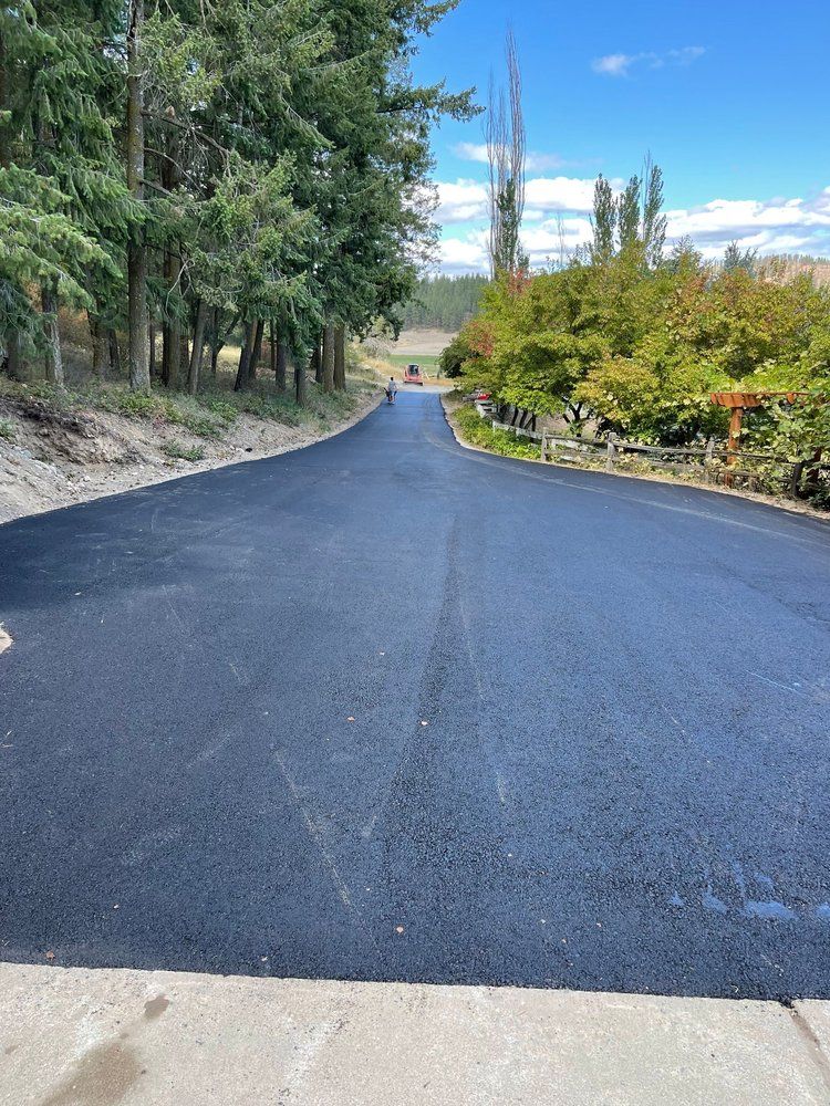 Newly paved asphalt driveway leading uphill, flanked by trees and greenery under a blue sky.