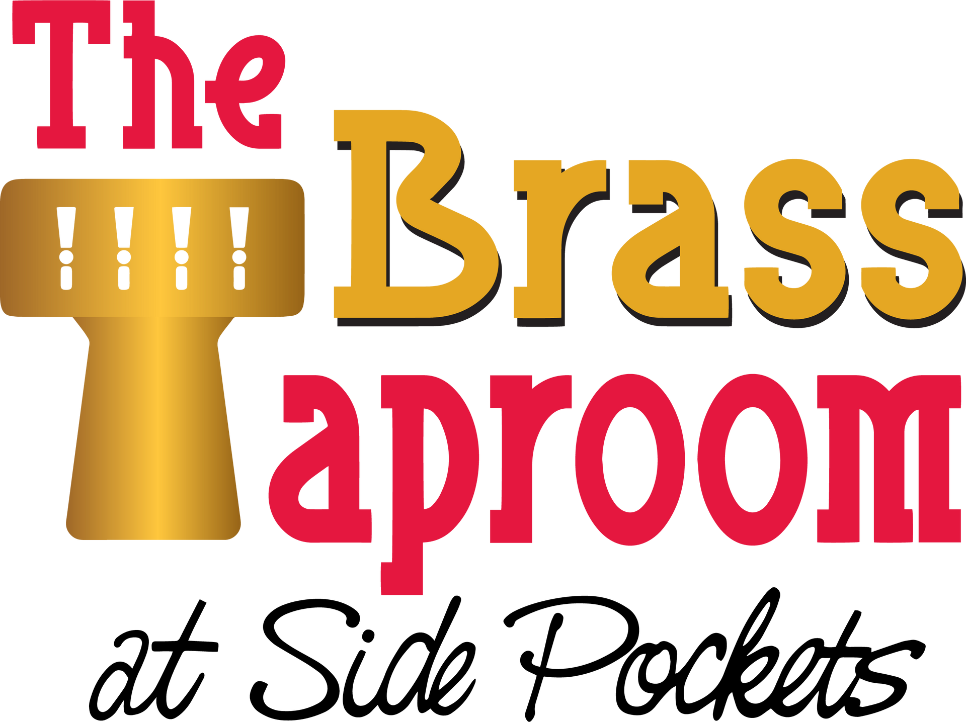 A logo for the brass taproom at side pockets