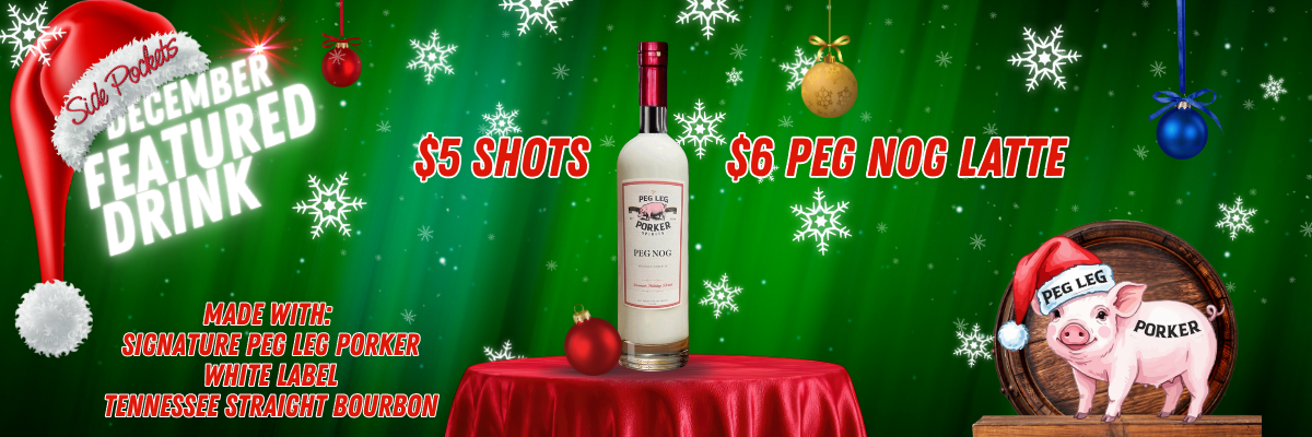 Christmas banner featuring drinks and pigs.