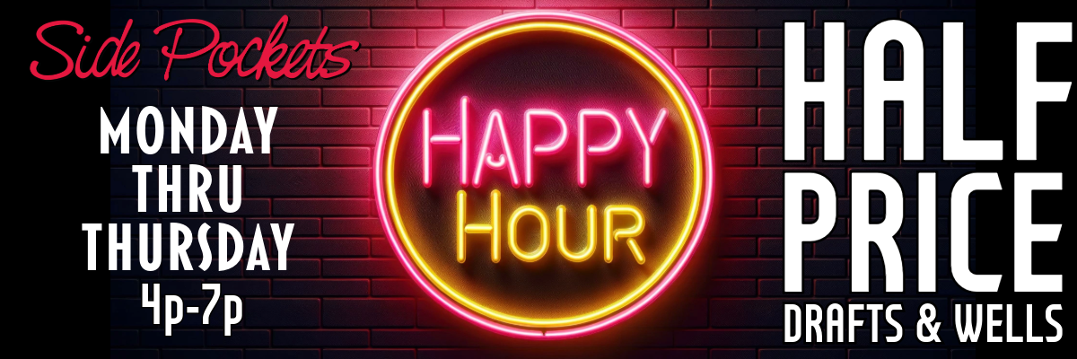 A neon sign that says happy hour is on a brick wall.