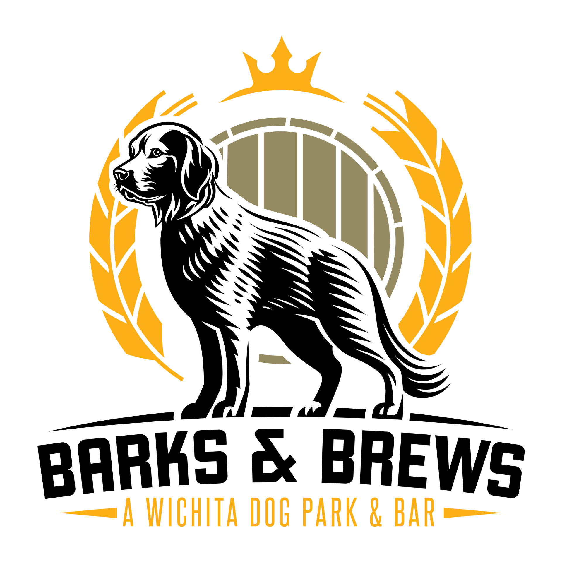The logo for barks and brews is a wichita dog park and bar.