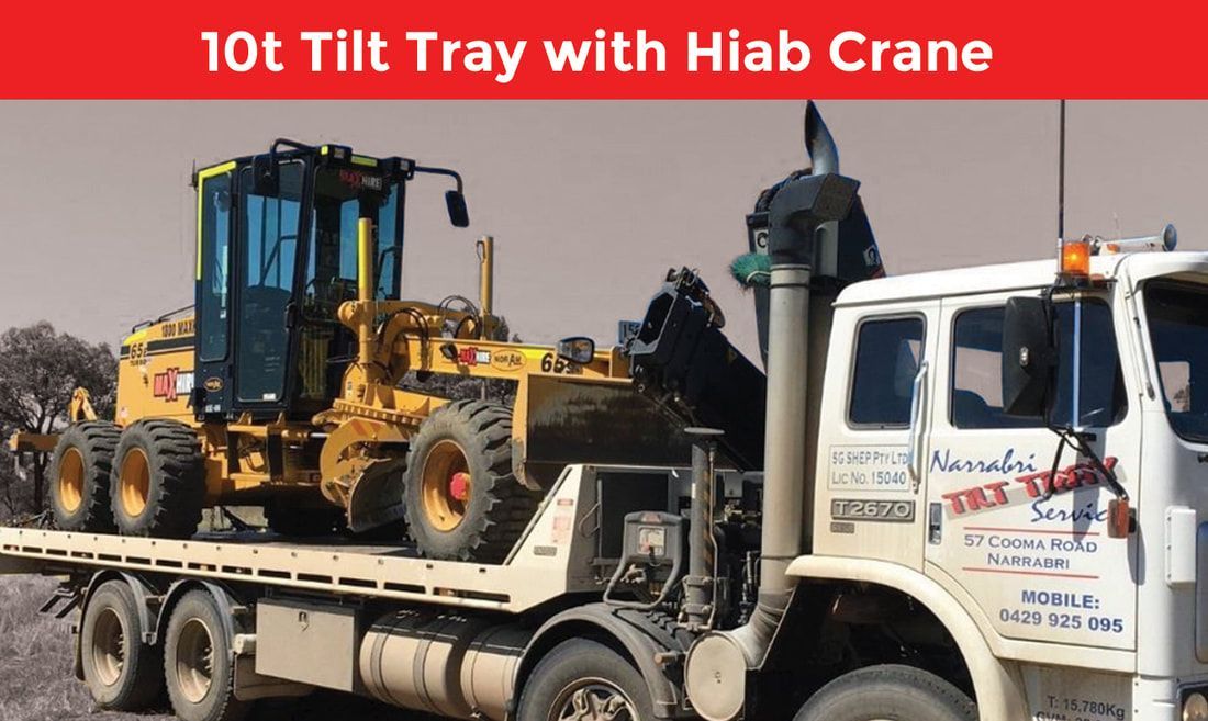 A truck is carrying a 10t tilt tray with hiab crane