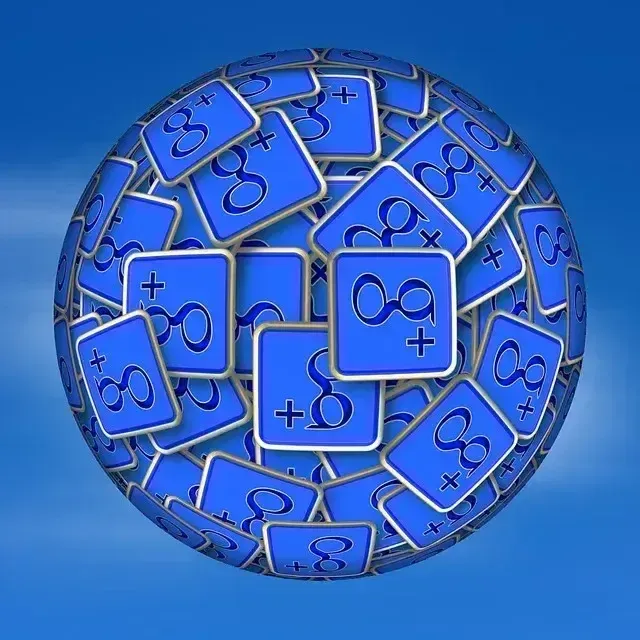 Blue sphere covered in blue Google+ logos against a blue sky background.