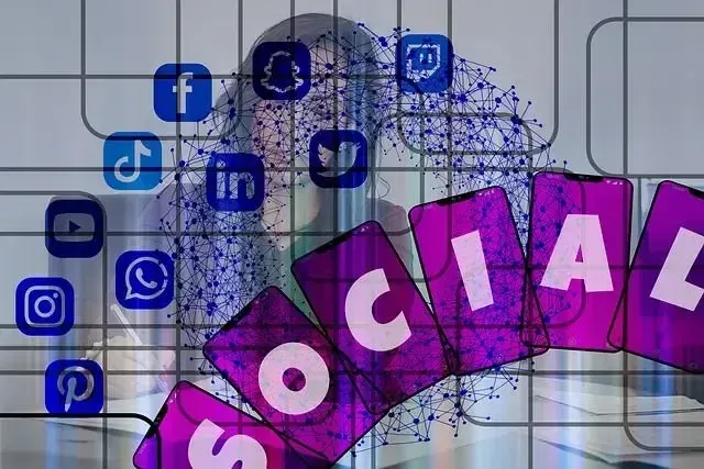 Woman overlaid with social media icons and the word 