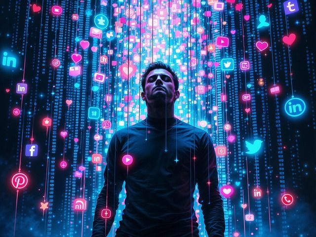 Man looking up, surrounded by glowing social media icons and streaming data against a blue backdrop.