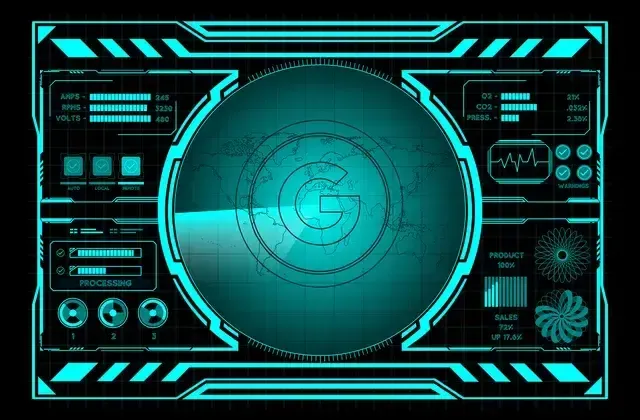 Futuristic radar display with Google logo and world map in teal.