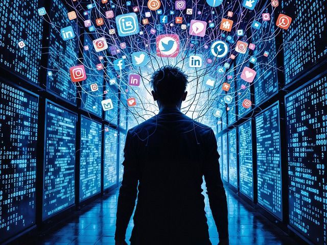 Silhouette of person facing data servers, connected to social media icons overhead.