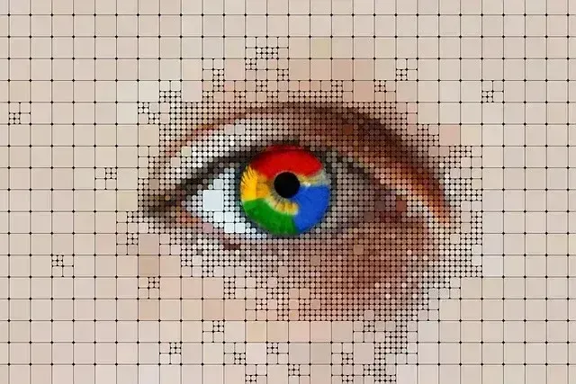 Eye with Google logo iris pixelated behind a grid.