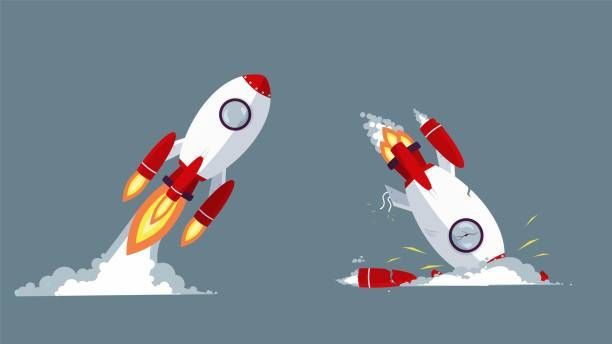 Rocket taking off successfully and a crashed rocket, red and white, on gray background.