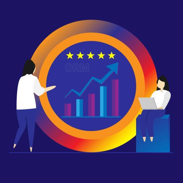 Two people analyzing growth charts with a laptop, inside a circle with five stars.