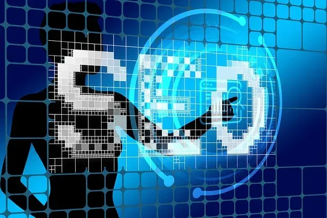 A digital figure touches a glowing blue gear icon on a futuristic blue grid background.