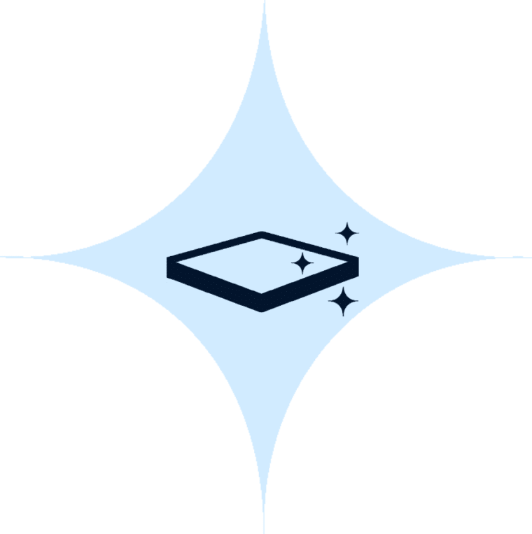 An icon of a mattress with two stars on a blue background.