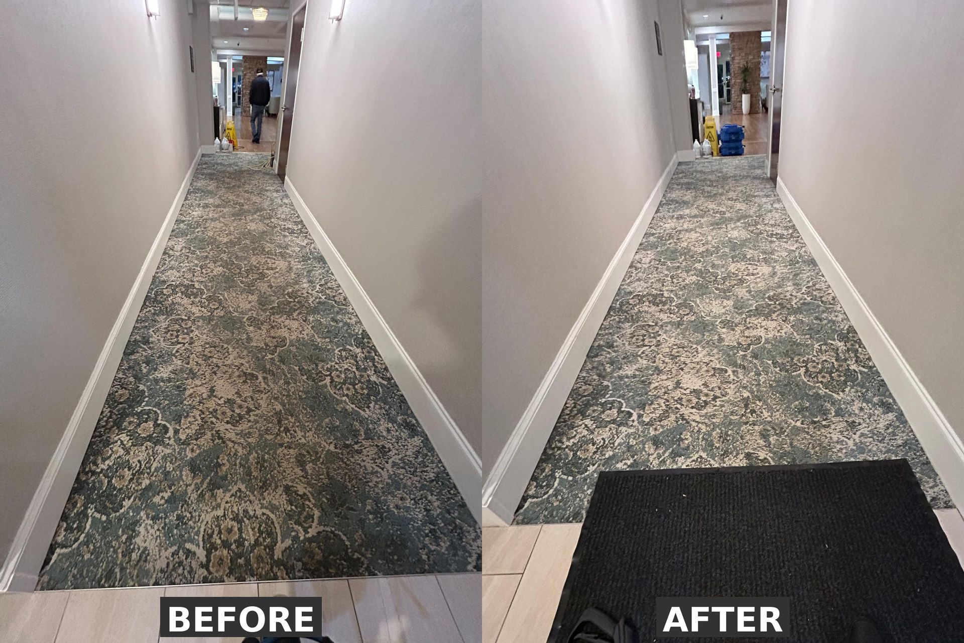 A before and after photo of a hallway with a rug on it.