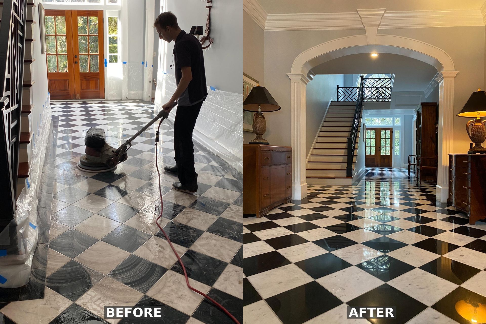 A man is polishing a black and white checkered floor in a hallway.