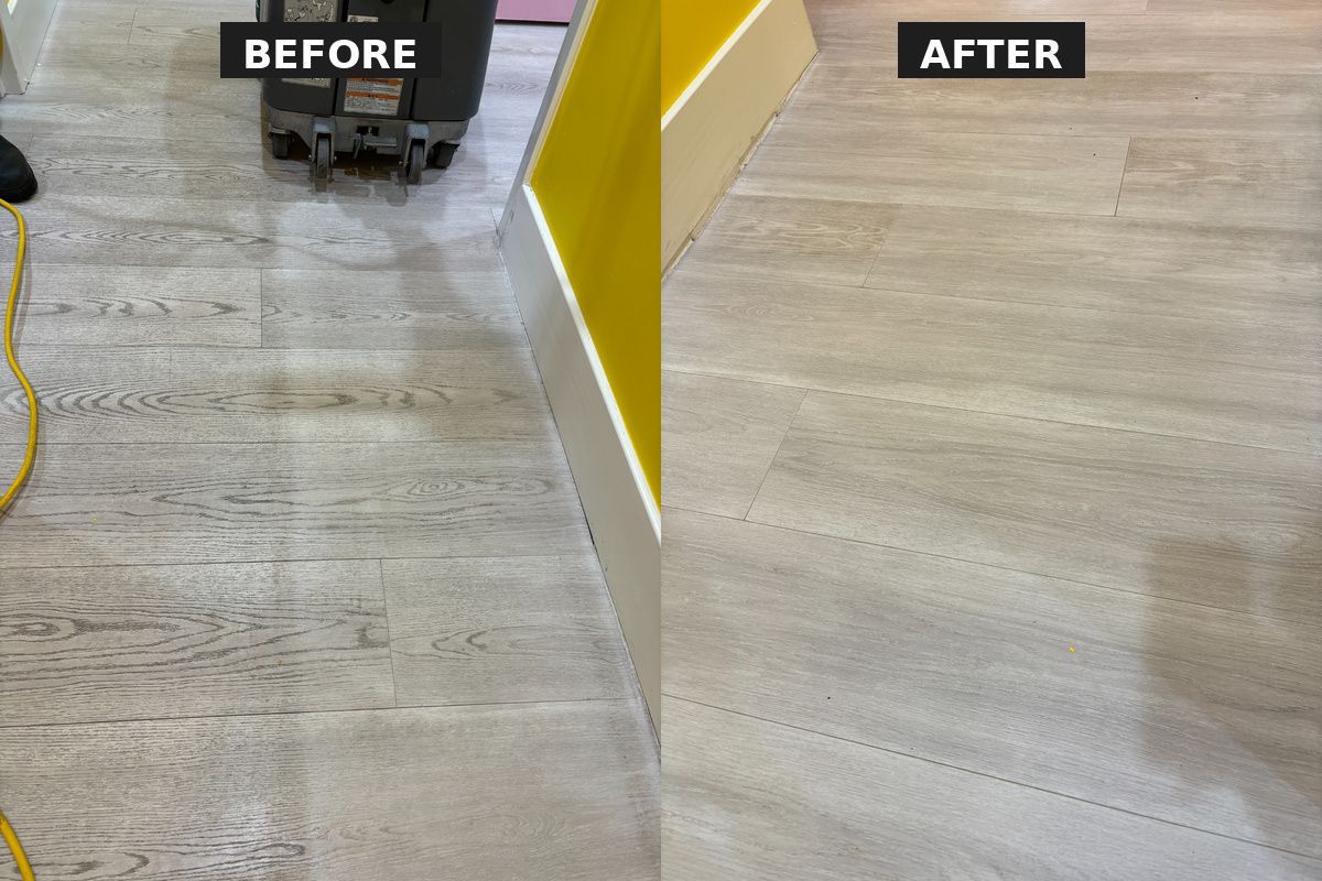 A before and after photo of a wooden floor with a vacuum cleaner.