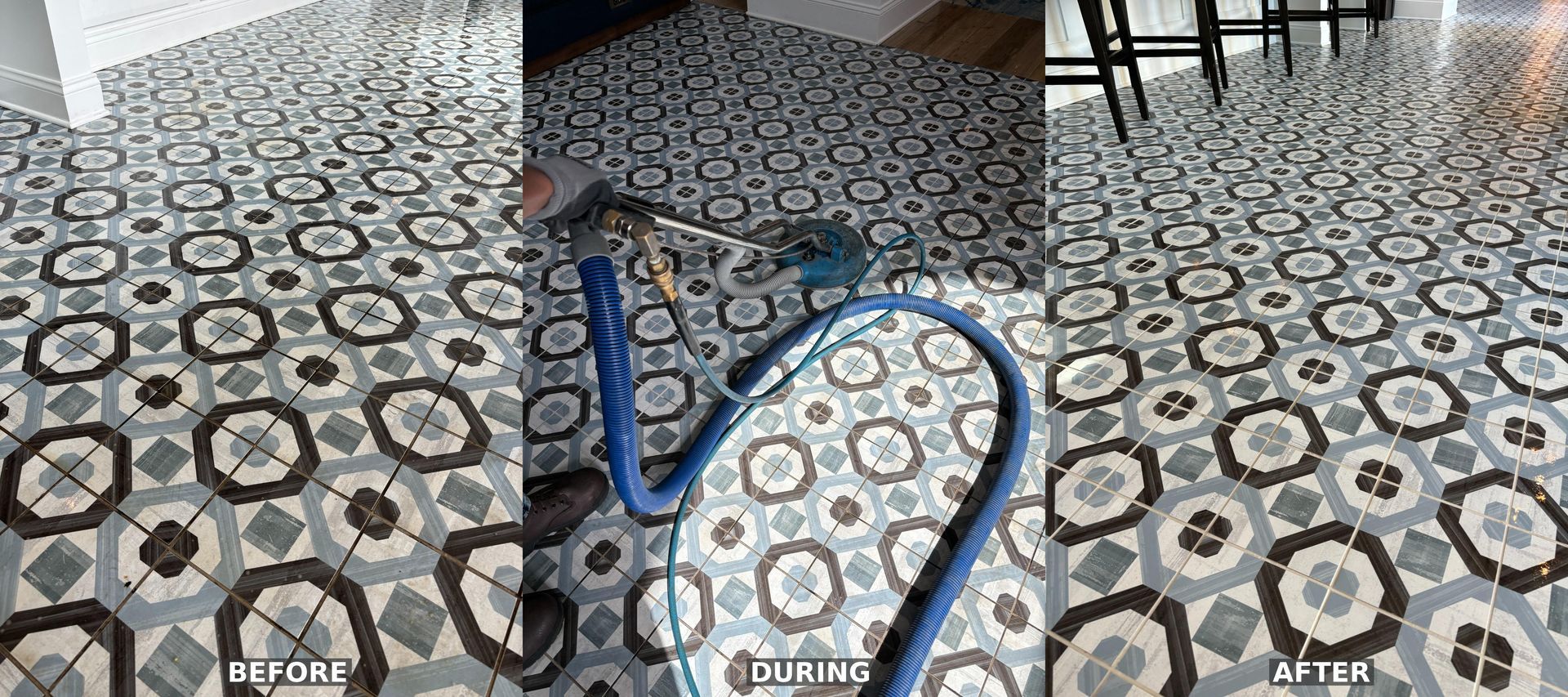 A before and after photo of a tile floor being cleaned with a vacuum cleaner.