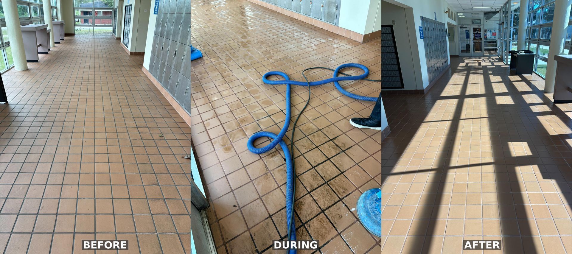 A before and after photo of a tiled floor in a building.