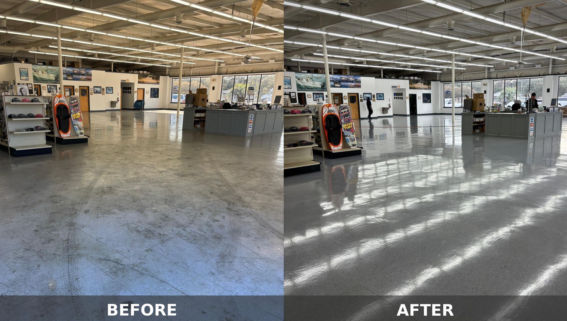 A before and after photo of a store floor.