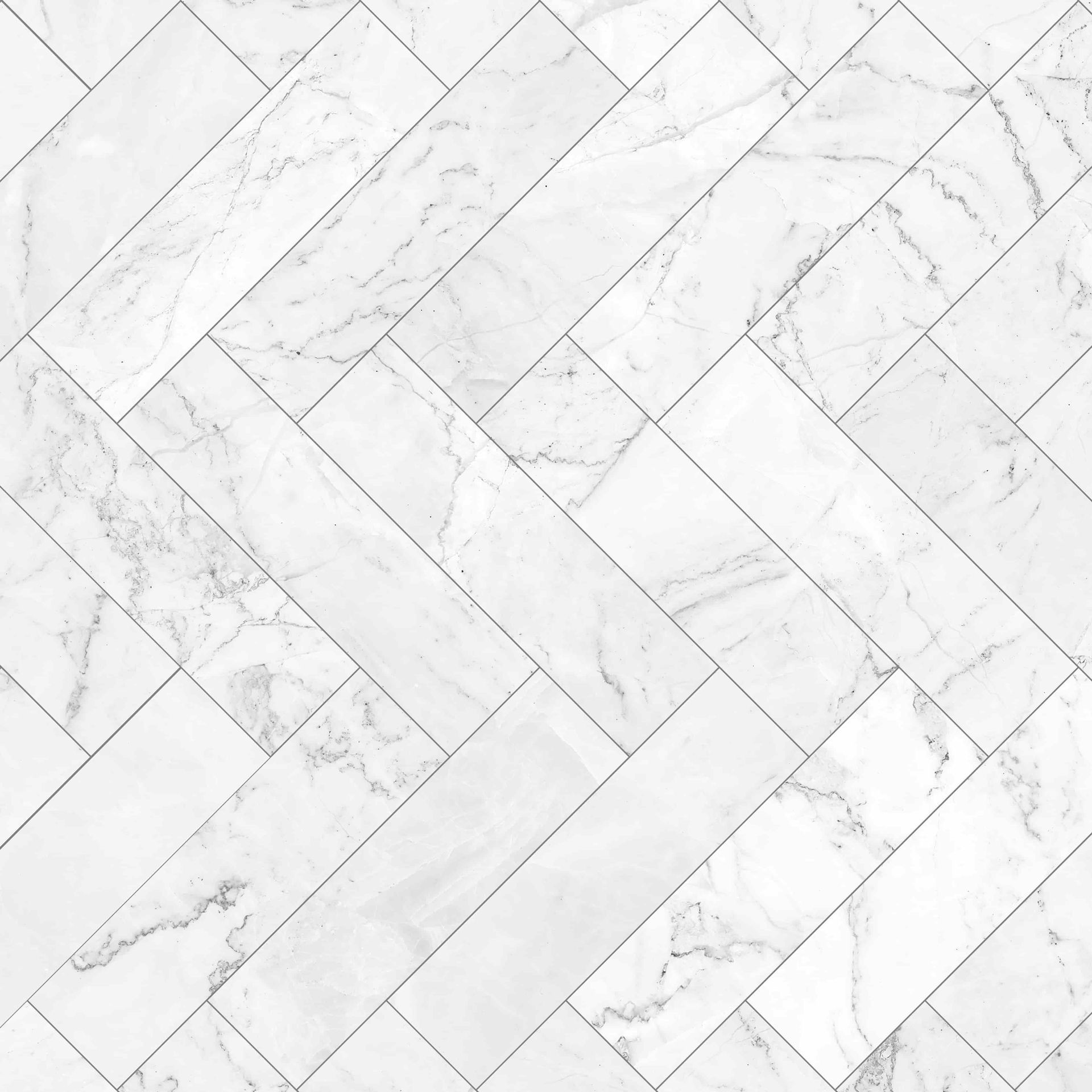 A close up of a white marble tile floor in a herringbone pattern.